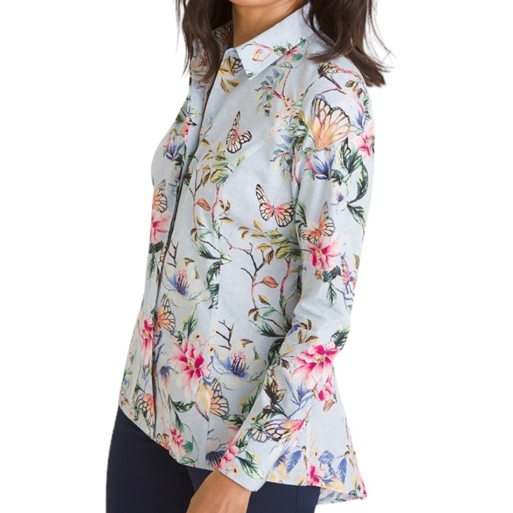 Chico's Light Blue Floral & Butterfly Button-Down Shirt